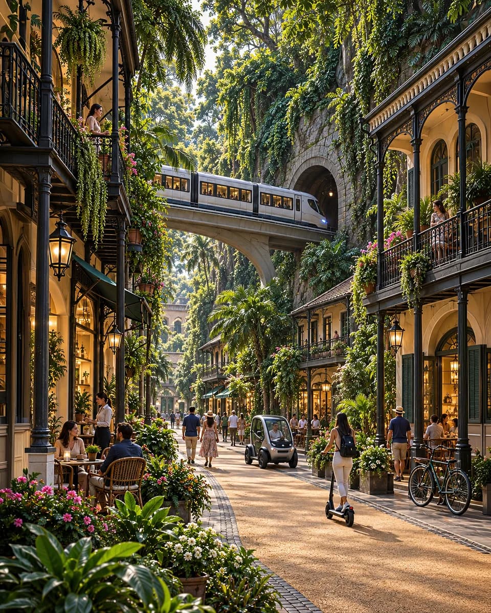 An imagined leafy street has balconies, shops, cafes, pedestrians, scooters, and a passenger pod beneath elevated rail.