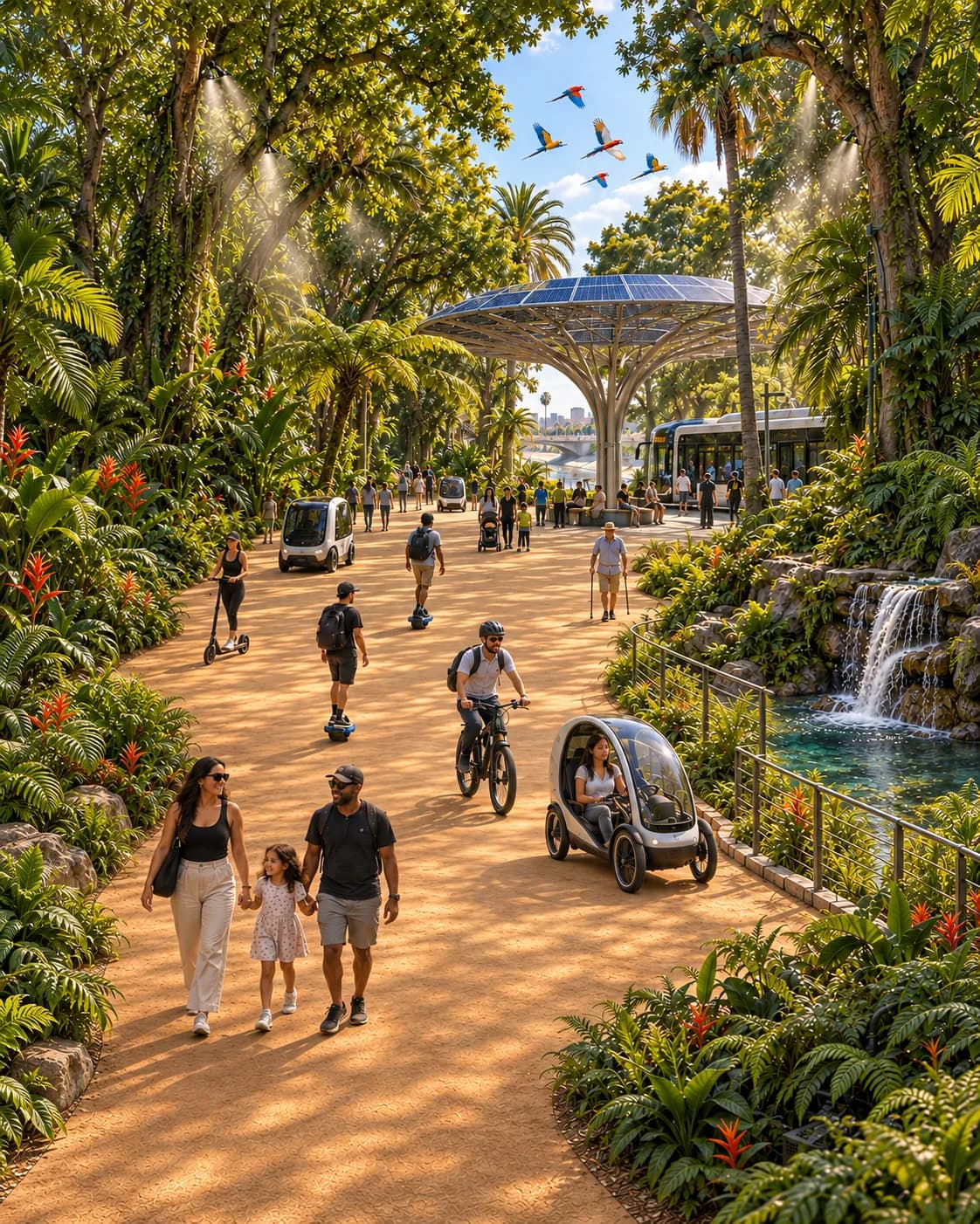 People walk, cycle, and use small passenger pods on a planted path beside water, approaching a solar canopy and transit stop.