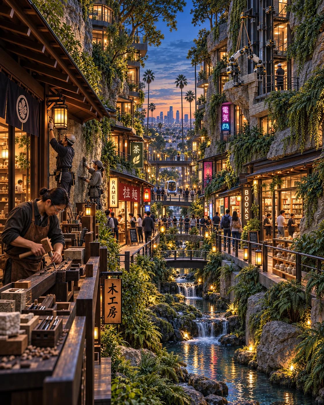 An artisan works on a timber balcony above a lantern-lit canal with waterfalls, shops, bridges, and planted facades.