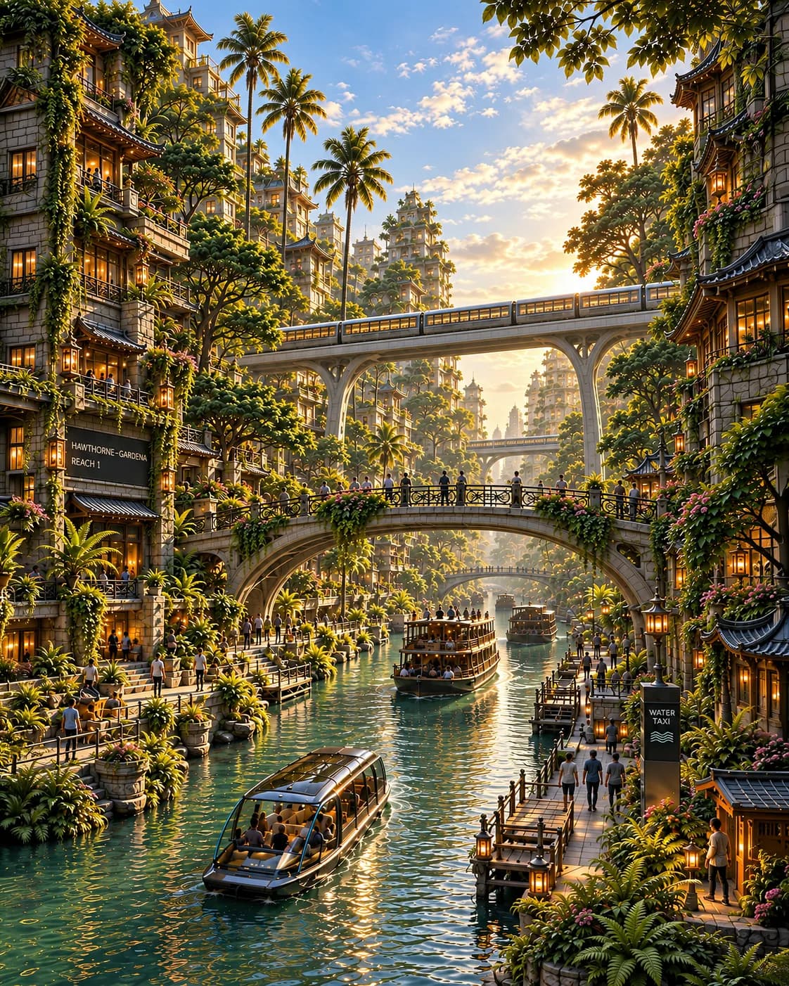 An imagined Hawthorne-Gardena water corridor combines planted buildings, paths, landings, passenger boats, footbridges, and elevated rail.