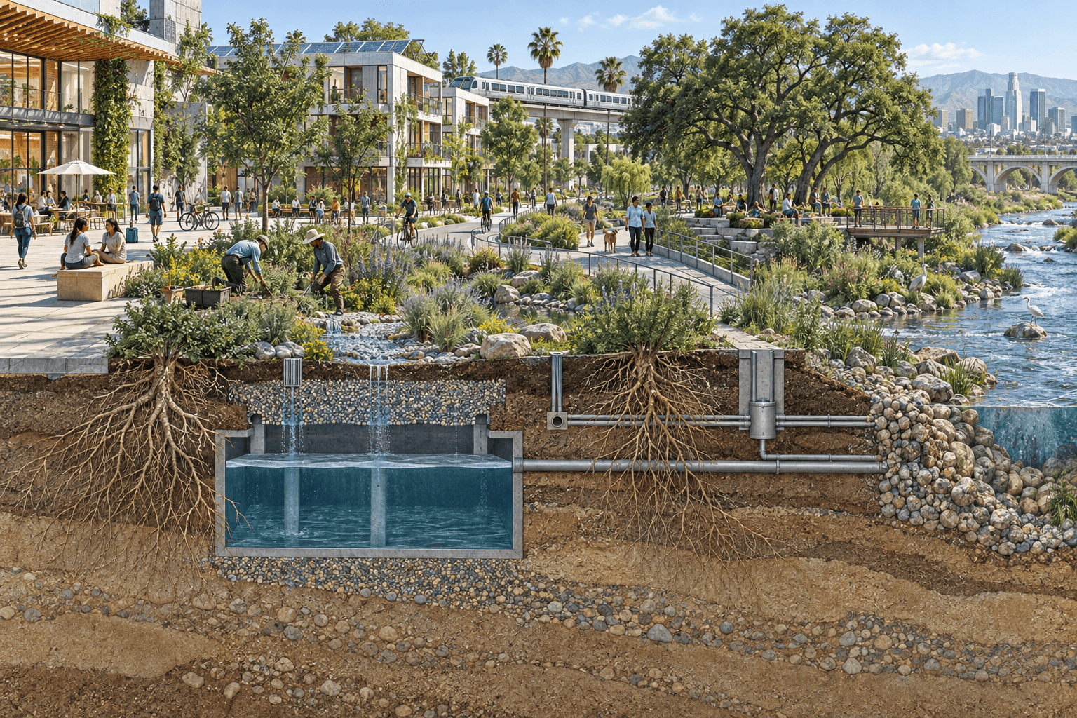 Conceptual cutaway of an LA River neighborhood, connecting shaded public spaces, transit, planting, and underground water systems.