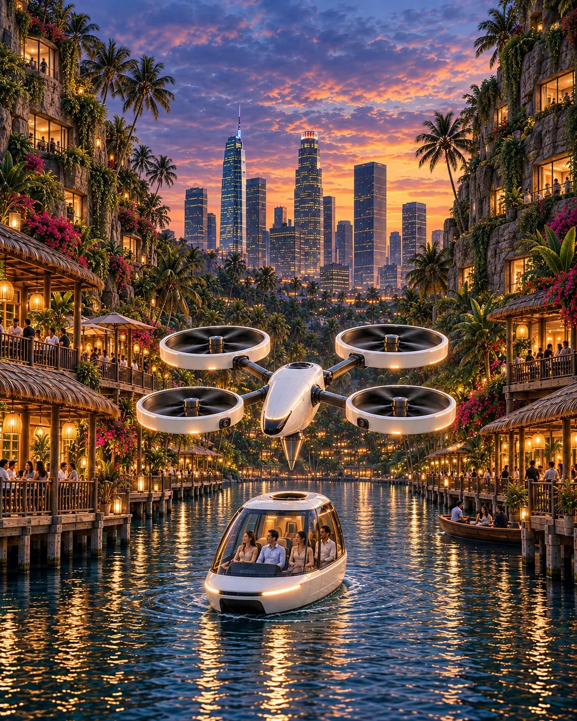 A four-rotor aircraft hovers above a passenger boat in an imagined canal district at sunset.