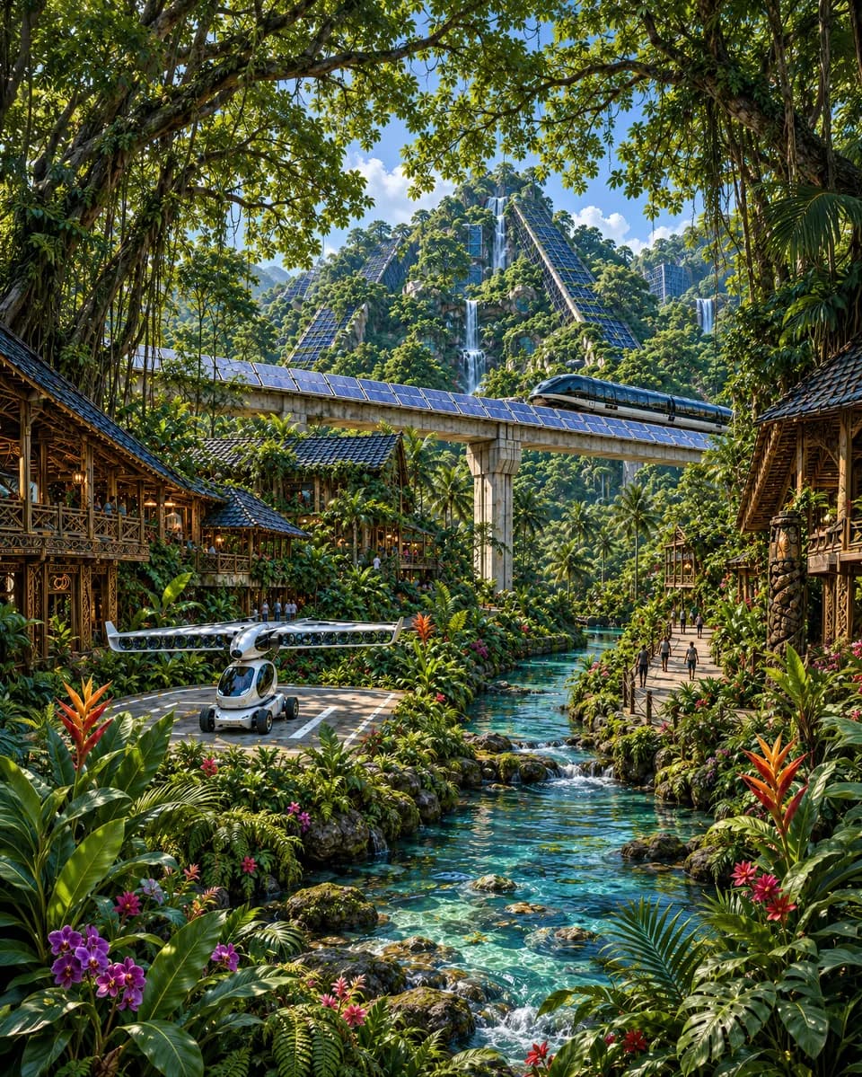 An imagined tropical timber village borders a stream, with terraced waterfalls, elevated rail, and a small aircraft.