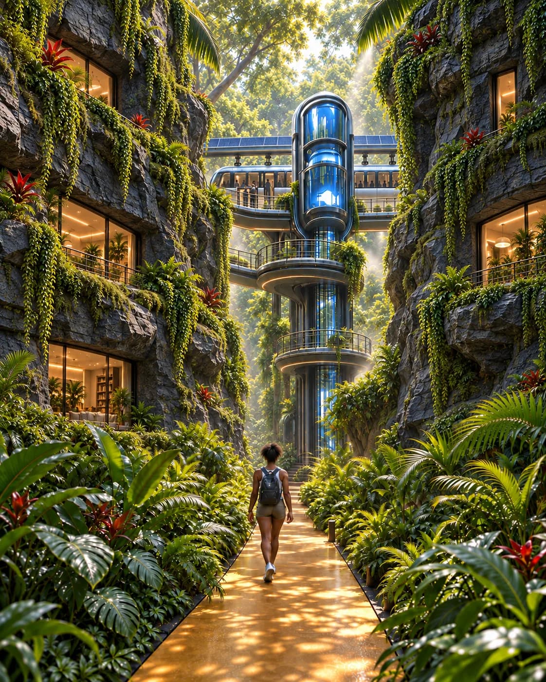 A planted path between rocklike apartment facades leads to a glass elevator and elevated train platform.