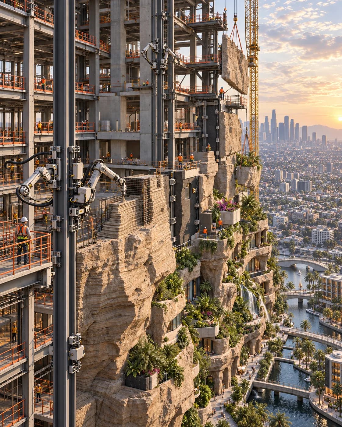 Robotic fabrication equipment works along a rocklike terraced facade, with balconies and plants overlooking a city.