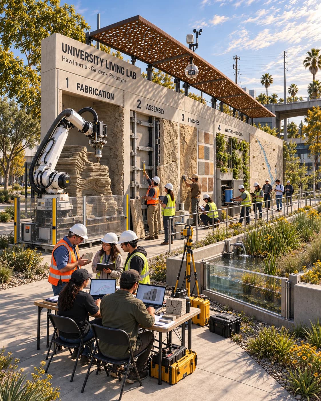Teams at a university living lab inspect robotic fabrication, mounted assemblies, finishes, and planting beside a test channel.