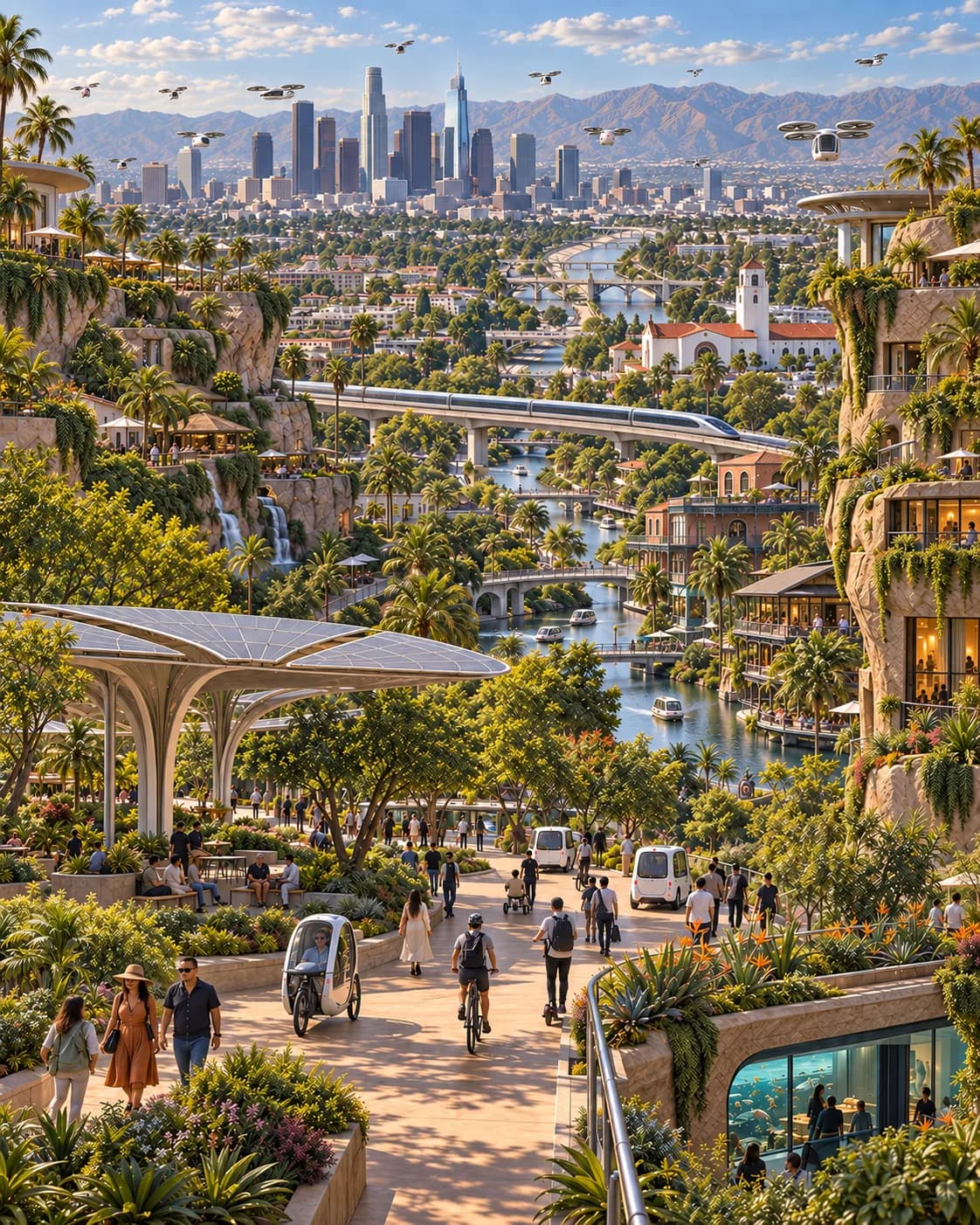 Imagined Los Angeles with planted terraces, canals, footbridges, elevated rail, and small vehicles beneath the downtown skyline.