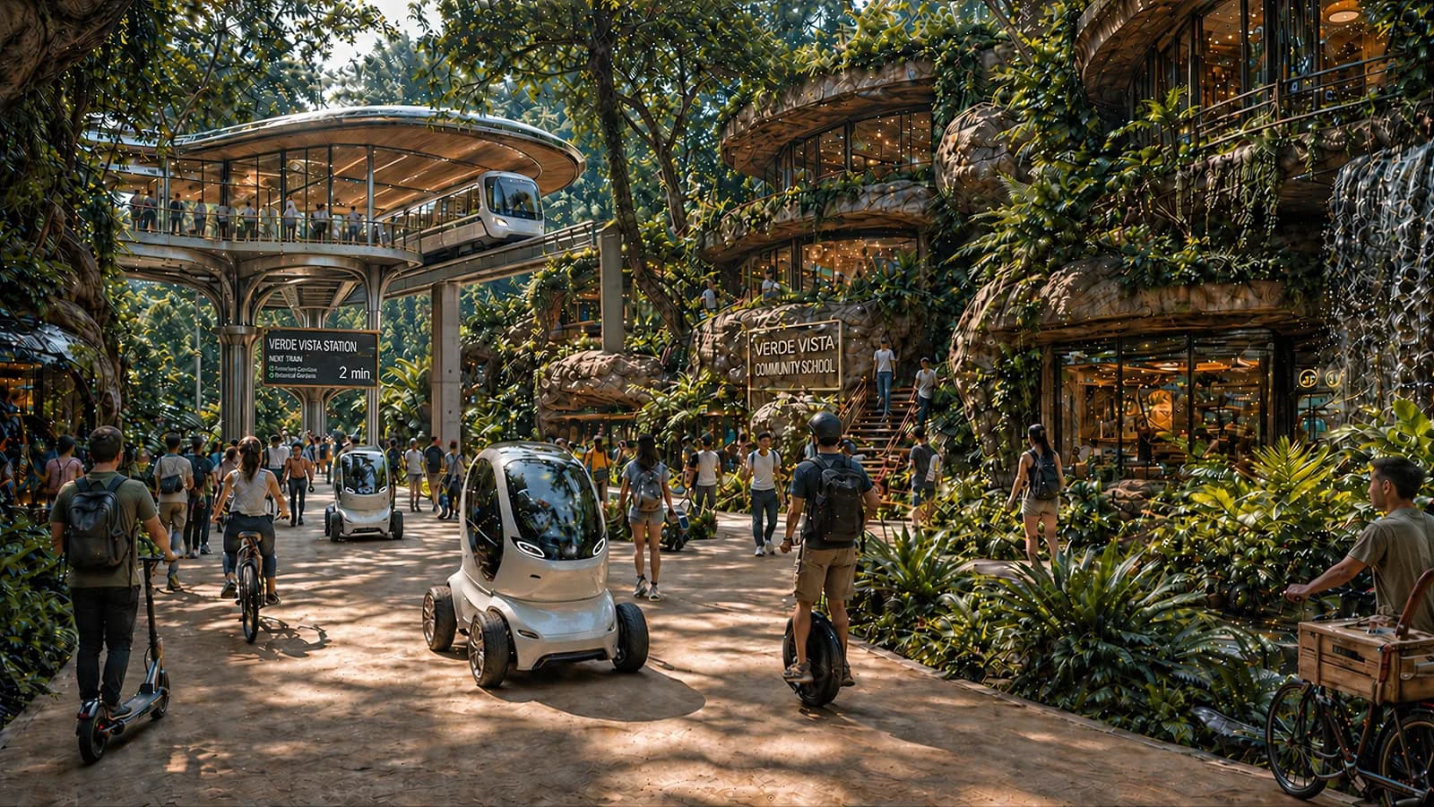 An imagined neighborhood with a shaded pedestrian street, small electric mobility pods, and an elevated train station woven into planted architecture.